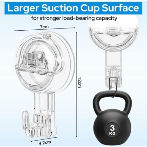 Suction Cup Hooks, 2 Pieces, Transparent, Removable, Robust, 3 kg, Nail-Free, for Bathroom, Kitchen, Window, Bathrobe