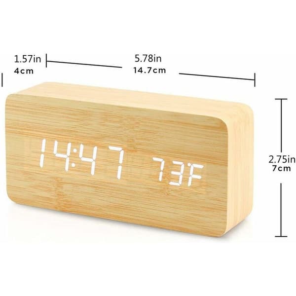 Träklocka Kreativ Digital Träklocka Elegant Multifunktionell LED Väckarklocka med USB-strömförsörjning Röststyrning - Bambuträ
