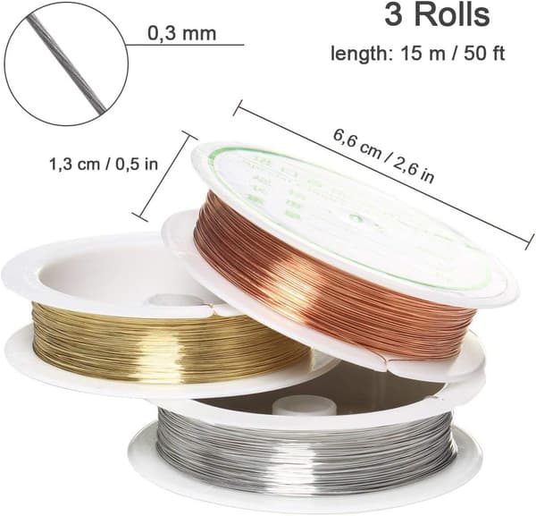 Smyckestråd, 0,3 mm, guld, silver, koppar, 3 rullar (15 m x 3 mm)