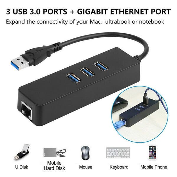 USB 3.0-hub, 3 porte med RJ45 10/100/1000 Gigabit Ethernet-netværksadapter til ultrabooks, bærbare computere, tablets og mere