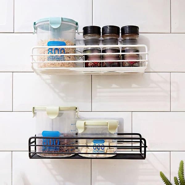 Wall-mounted spice storage shelf - White metal wire basket with self-adhesive hook for bathroom and kitchen, space-saving
