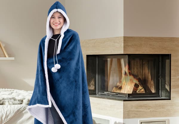 Vinterhem Bærbar Hettegenserteppe, Oversized Hettegenserteppe, Voksen Bærbar Teppe, Koseteppe Hettegenser, Sweatshirtteppe (Marineblå)
