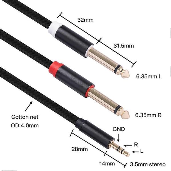 3,5 mm til Dobbelt 6,35 mm Aux-kabel 2 Mono 6,35 Jack til 3,5 Han Lydkabel 2m til Telefon til Mixer