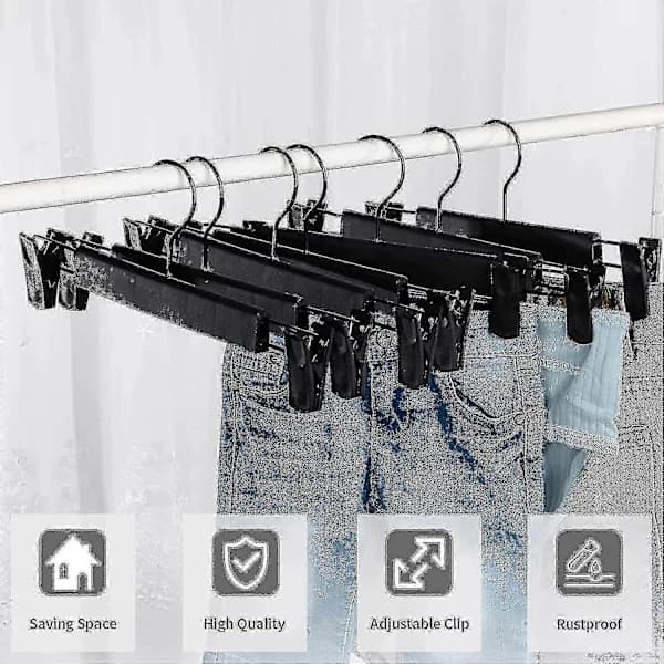 10 Black Hangers for Trousers and Skirts - Adjustable Non-Slip Clips and Space-Saving