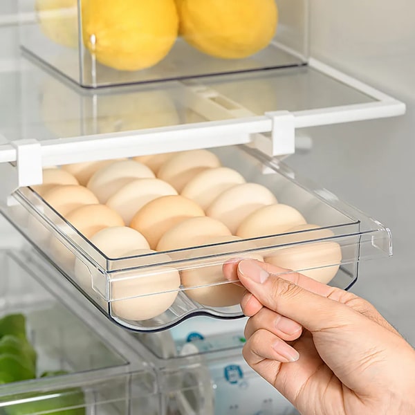 Refrigerator Storage Box, Egg Holder with Handle, Egg Storage Container, Transparent Plastic Egg Box, Pull-out Egg Tray
