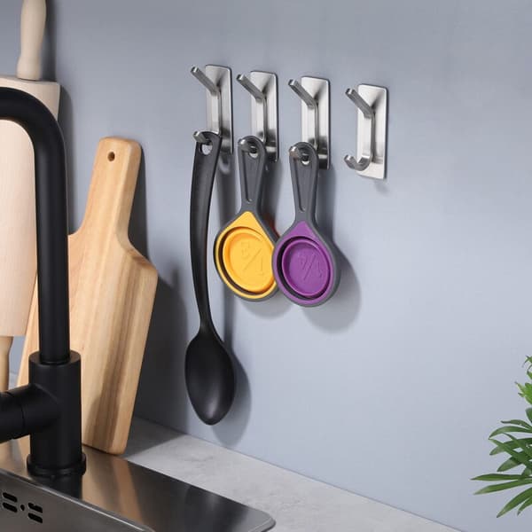 4 Silver Self-Adhesive Hooks for Towels and Jackets, Strong Wall Hooks for Bathroom and Kitchen