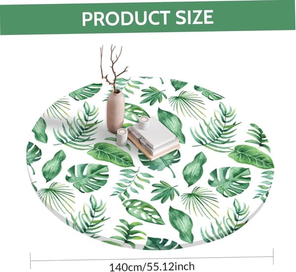 55-inch Round Elastic Tablecloth - Waterproof, Green Leaf Pattern, for Home, Garden, Dining Room