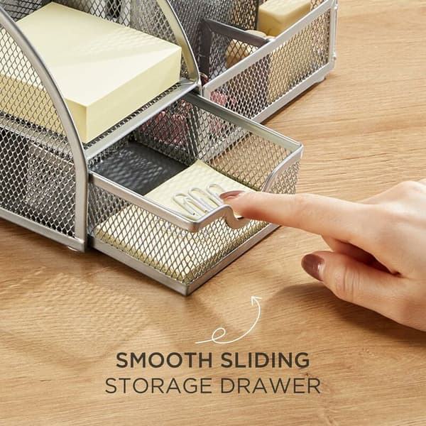 Desktop Storage, Wire Mesh Desk Organizer with Drawer and Pen Holder, 6 Different Compartments for Pens, Staplers, Folders, Silver Grey