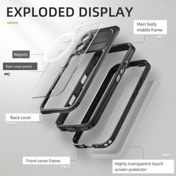 Waterproof Outdoor Case for iPhone 16 - Underwater Diving Case with Wrist Strap - Sensitive Touchscreen - Black