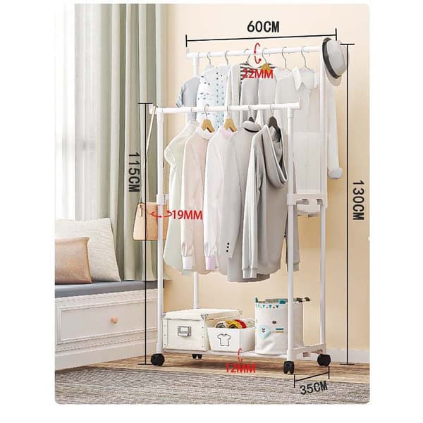 Portable Double Rod Clothes Rack - Adjustable Height, Stable Construction for Bedroom, Balcony, and Dorm Room White White White