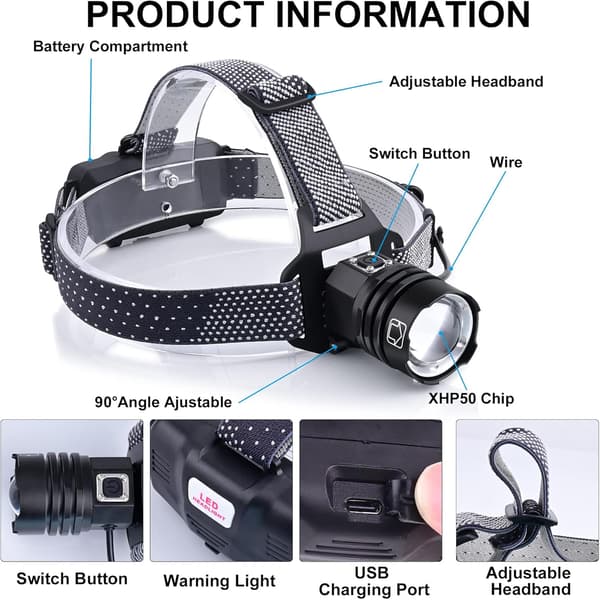 LED-hodelykt, oppladbar, 90 000 lumen supersterk hodelykt