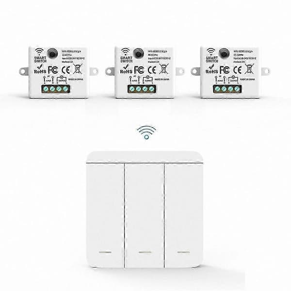 3-pack RF 433MHz trådlös väggströmbrytare med fjärrkontroll och 3-facks panel för LED-belysning Vit White