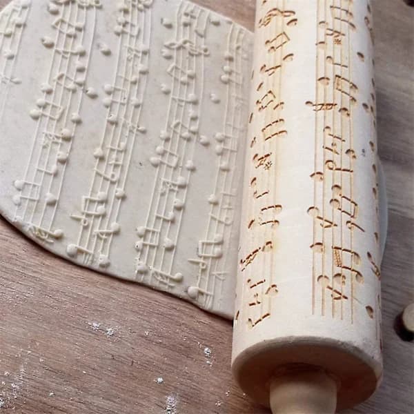 Christmas Tree Shaped Wooden Rolling Pin with Music Notes Engraved Embossing Rolling Pin with Christmas Symbols Kitchen Baking Tool