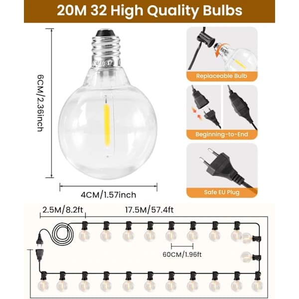 G40 LED String Lights Connectable Waterproof Shatterproof Warm White for Patio Garden Camping 20M 30 Bulbs 20M 20M