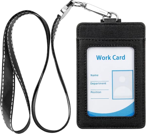 Vertical Faux Leather ID Card Holder with Lanyard