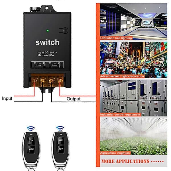 12V Remote Control Switch with 30A Relay, DC 72V 60V 48V 36V 24V 12V Wireless Switch for Lights, Lamps, Fans Black
