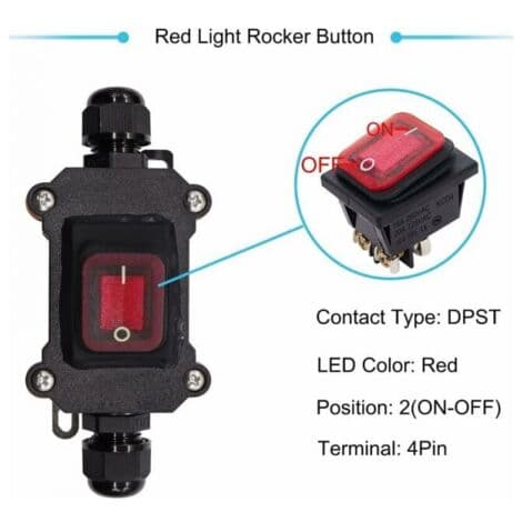 IP65 Waterproof Rocker Switch, 220V AC, DPST, 4 Terminals with Red LED, Dual Input and Output, H-K062-KCD4-201N-RW-220V-LS