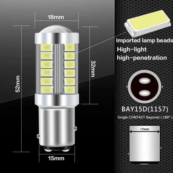 2 stk. 1157 BAY15D LED bilpære hvid 900LM superlys baklys 12V