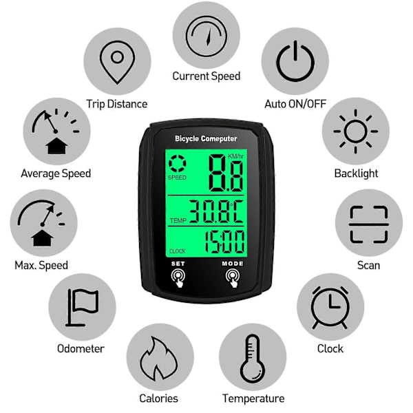 Wired Bicycle Computer 19 Functions Touch Bike Speedometer Odometer Waterproof Cycling Computer with Backlight Black Black