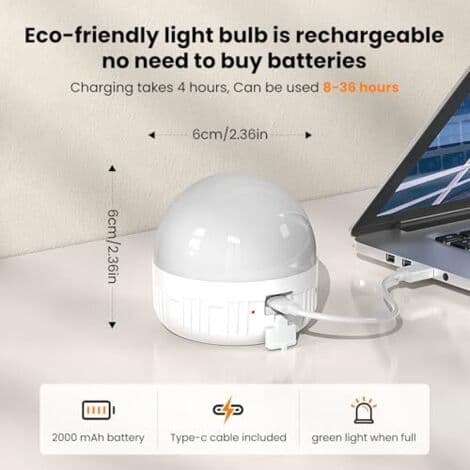 USB-C Rechargeable Light Bulb with Remote Control, 3 Colors, E14 Socket, Dimmable, Battery Powered, 6W, Timer Function, Magnetic Emergency Light