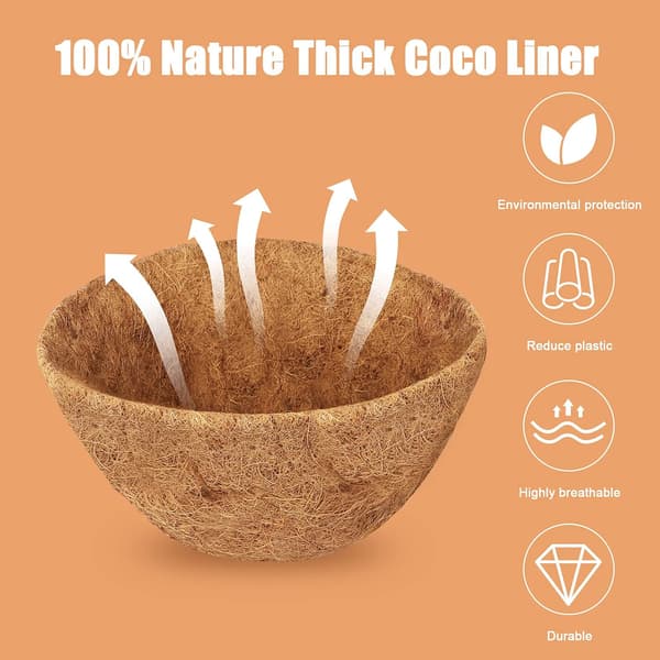 3-pack 12-tums runda hängande korgar kokosfiberfoder, naturliga kokosnötsersättningsfoder för trädgårdsblommor och växtkrukor