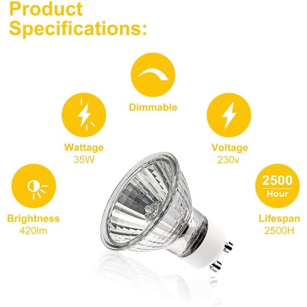 GU10 35W Light Bulbs, GU10 Halogen Bulbs, Spotlight AC 230V 35W, GU10 Halogen Bulbs 2 Pin 35° Beam Angle 2700K Dimmable Warm White, Pack of