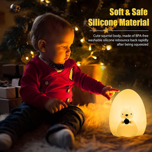 Squirrel Night Light for Kids, Cute Silicone Night Light with Touch Control, Soft Portable Rechargeable LED Lamp for Kids Room