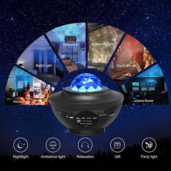 Star Projector with Speaker and LED - Multicolor Lights Black Svart