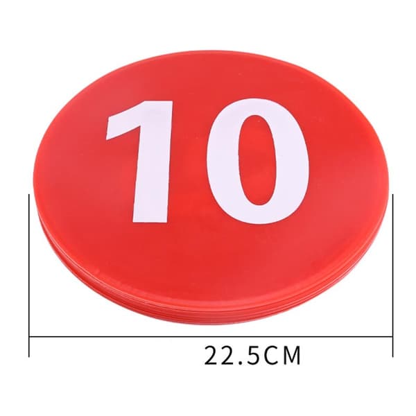 Numbered Flat Marker Discs 23cm 10-pack – Non-slip PVC for Football Training and Agility, Clear Numbers 1-10, Flexible and Stackable for Grass, Artificial Turf
