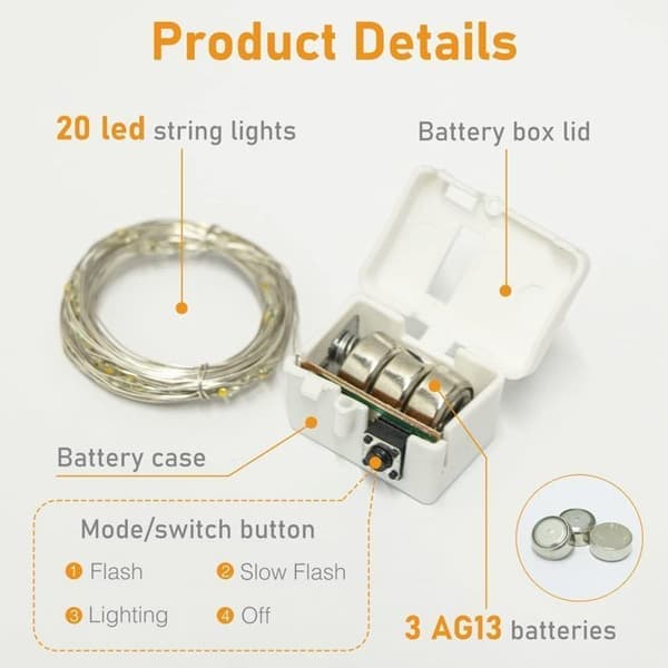 12 stk. Mini Batteridrevne LED-lyskæder - Små LED-lyskæder til indendørs dekoration - 2M, 20LED, 3 tilstande - til have, fest,