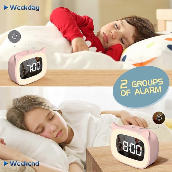Children's Alarm Clock with Night Light Stepless Dimming Cute Cat Ear Digital Clock Suitable for Boys