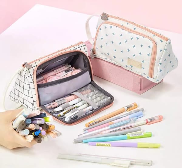 White Striped Pencil Case with 3 Compartments, Spacious Pencil Pouch