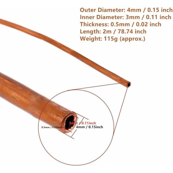 Betterlife kobberrør, 2M blød kobberrørsrulle OD 4mm x ID 3mm til køling VVS (OD 4mm, ID 3mm)_OF
