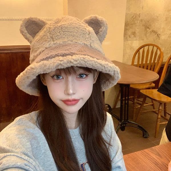 Lille bjørn lammuld fiskerhat dame efterår og vinter plys bucket hat koreansk version ansigtsafslørende lille basinhat 55-58cm