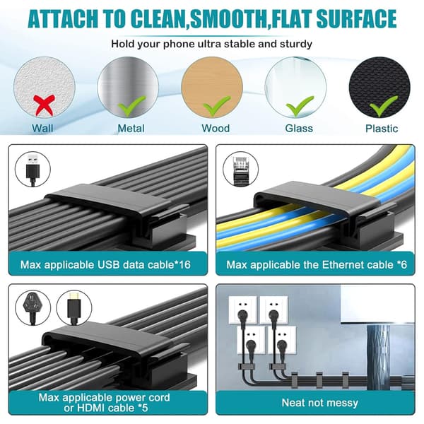 10-pack Self-Adhesive Cable Management, Support, Durable Cable Clips for TV, PC, Laptop, Ethernet Cable, Home, Office (Black)