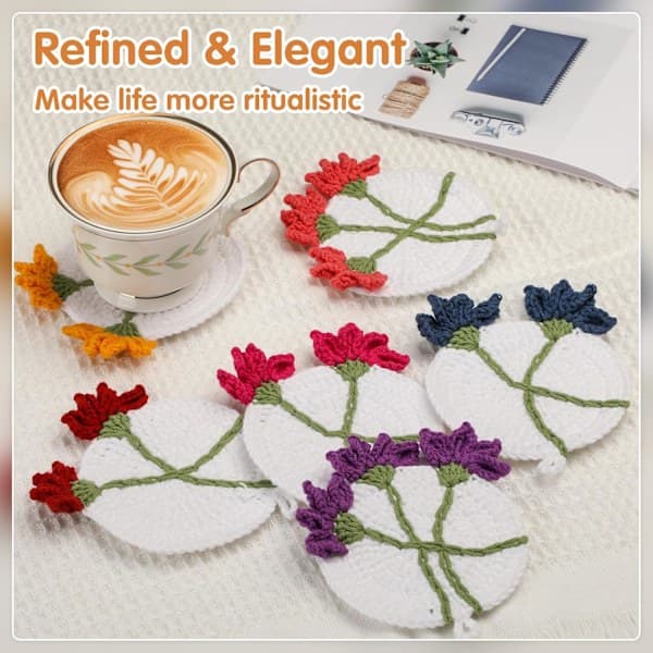 Crochet Kit for Beginners Adults, 6 Coasters Beginner Crochet Kit, Crochet Starter Kit, Crochet Flower Coasters