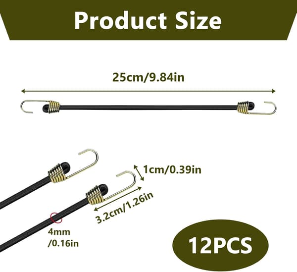 12 elastiske snore med kroge, 25 cm lange, til campingtelt, elastiske spændebånd