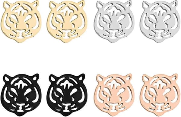 4 par tigerøreringer for kvinner, rustfritt stål, enkle tigerhodeøreringer, hule dyreøreringer, hypoallergene øreringer, øredobber