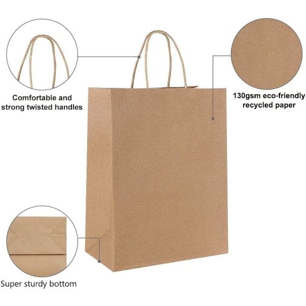 (Specialtilbud) Gavepose 30 stk. Kraftpapirpose med håndtag, papirpose til fødselsdag, bryllup, jul og festligheder (tyk)