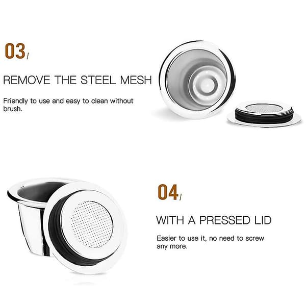 Reusable Capsules, Stainless Steel, 3 Refillable Pads for Nespresso + 1 Stamp + 1 Spoon + 1 [DB] Silver Silver