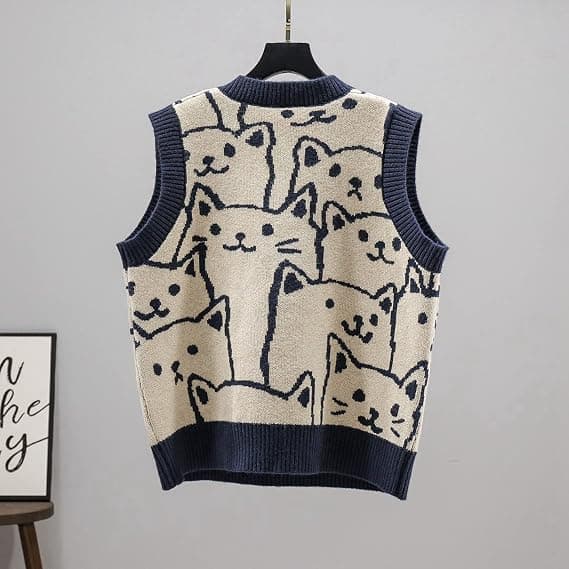 Strikket genser vest for kvinner Ermeløse gensere Gensere Kattemønstrede sweatshirts for vinter høst vår