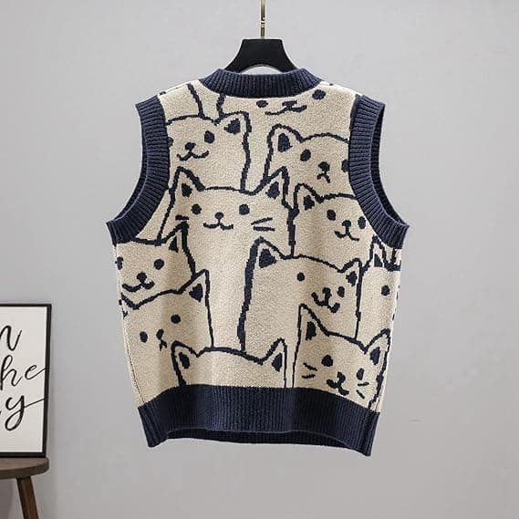 Strikket sweatervest til kvinder, ærmeløse trøjer, trøjer med kattemønster til vinter, efterår og forår