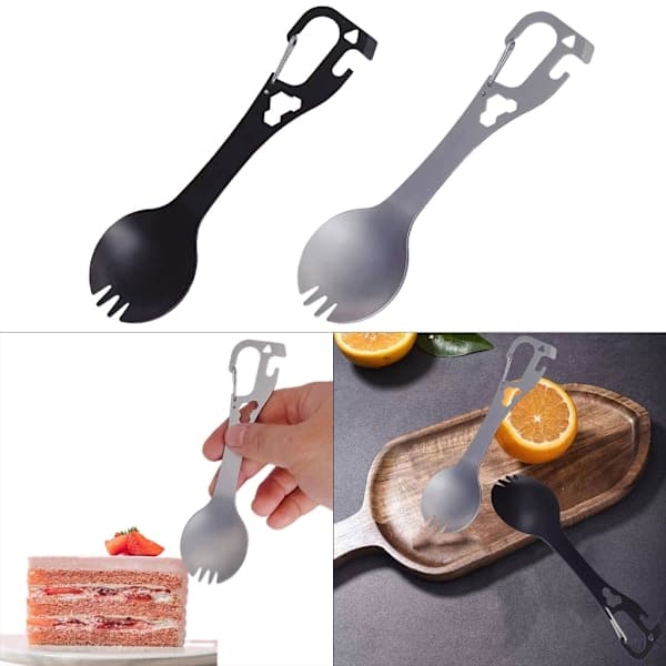 5-i-1 Spork i Rustfrit Stål Campingbestik med Ske Gaffel Flaskeåbner