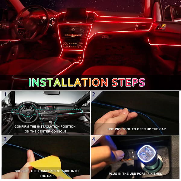 Bil LED Interiør Strip Lys 3m USB Neon Trådlys Glødende Ambient Belysning Bildekorationer Interiør Blå