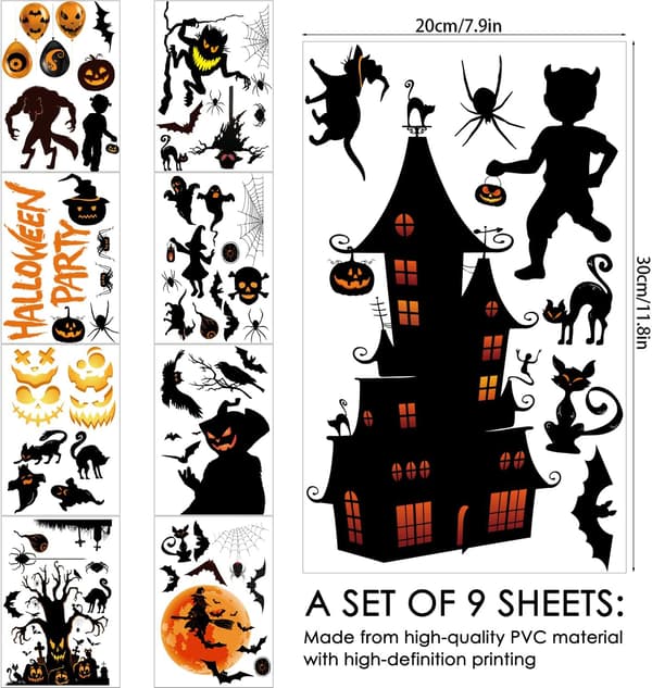 Halloween Vindusdekorasjon 9 Ark PVC Dobbeltsidig Gjenbrukbare Halloween Dekaler Flaggermus Slott Edderkopper Spindelvev Døde Trestammer