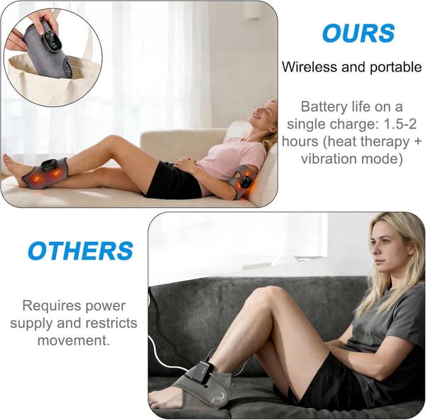 Fodmassager med varme og vibration, trådløs genopladelig kompressionsindpakning til smertelindring og cirkulation, grå