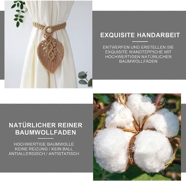 Boho Gardinbånd, Løv Bomull Makramé Gardinklemmer, Fjær Gardinklemmer