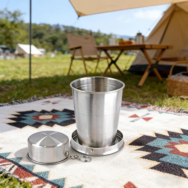 2-delt sammenklappelig kop i rustfrit stål, 250 ml, perfekt til rejser, med nøglering, ideel til camping og vandreture