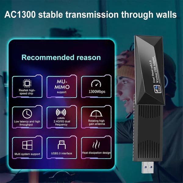 Wireless Network Card 1300Mbps WiFi Code Lock USB 3.0 Adapter Dual Frequency 2.4/5.8GHz Driver-Free High-Speed Faster Transmission Wireless External R
