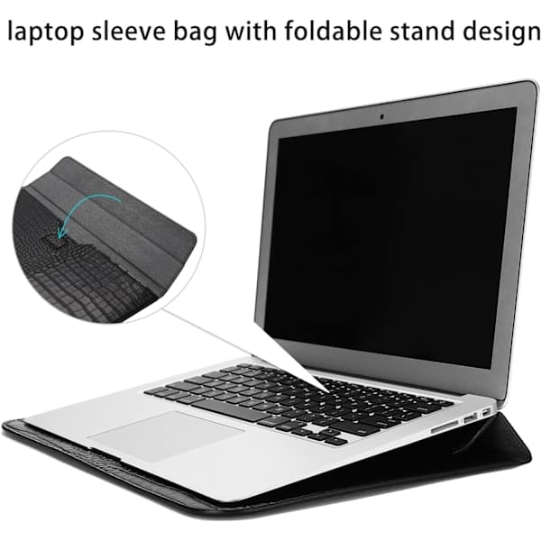 Laptop Sleeve til 14 tommer computer, Krokodilleskindsmønster PU Læder Flip Cover Sleeve Sort